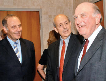 Left to right, Claudio Grossman, dean of the Washington College of Law at American University, Supreme Court Justice Stephen Breyer and Dorsen at the Breyer-Scalla debate in 2005. Photos: Courtesy Norman Dorsen '50